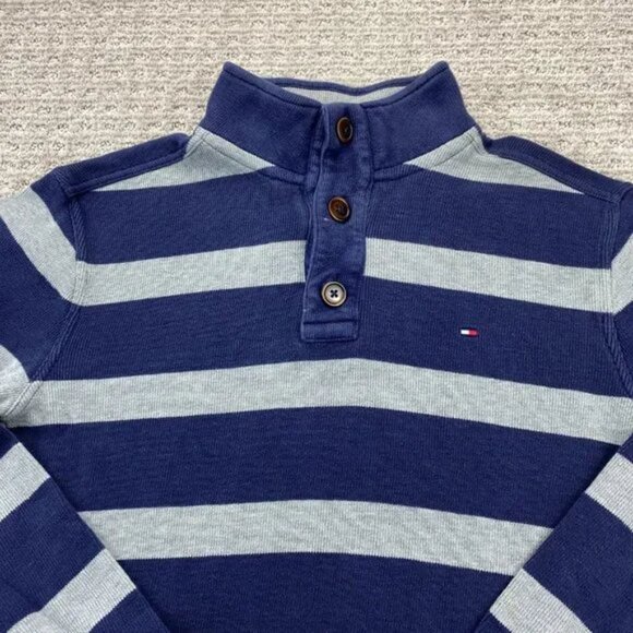 Tommy Hilfiger Sweater Men Medium M Navy Blue Gray Stripe Knit 1/4 Button Casual - Picture 2 of 11